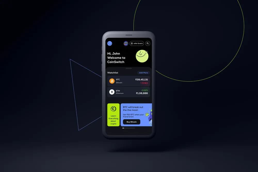 CoinSwitch app home screen on a phone