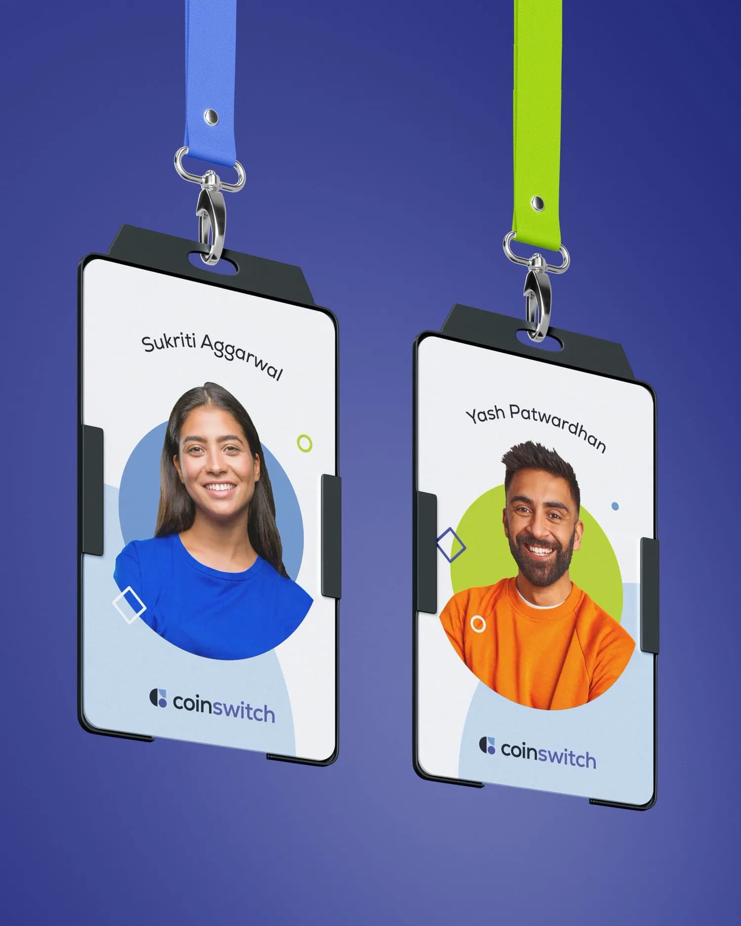 CoinSwitch employee ID cards on lanyards