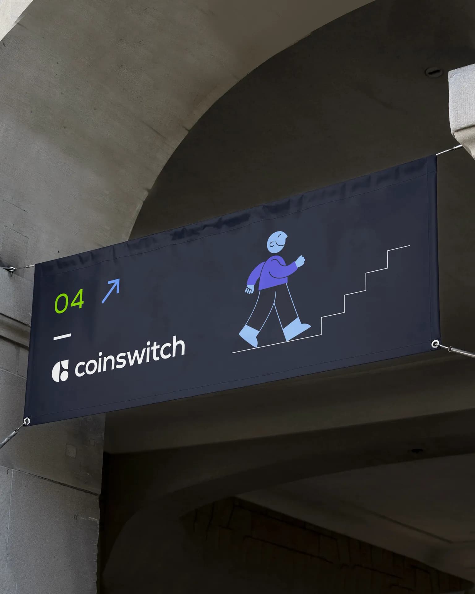 CoinSwitch wayfinding banner with the walking character