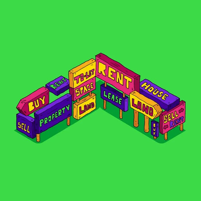 Housing.com illustration of buy, rent, sell and lease signs
