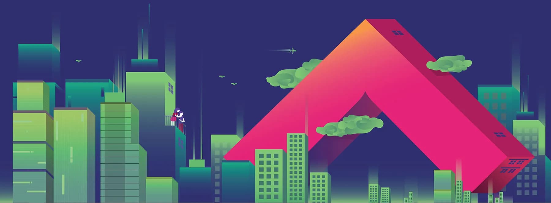 Housing.com upward chevron rising over an illustrated city