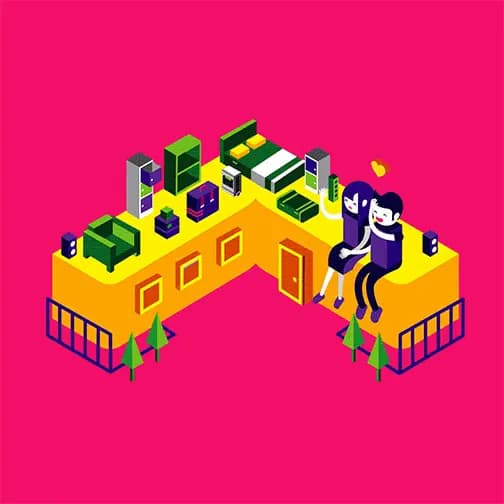 Housing.com illustration of a couple’s first home, animated