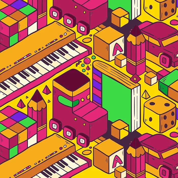 Housing.com pattern of toys, pianos and pencils