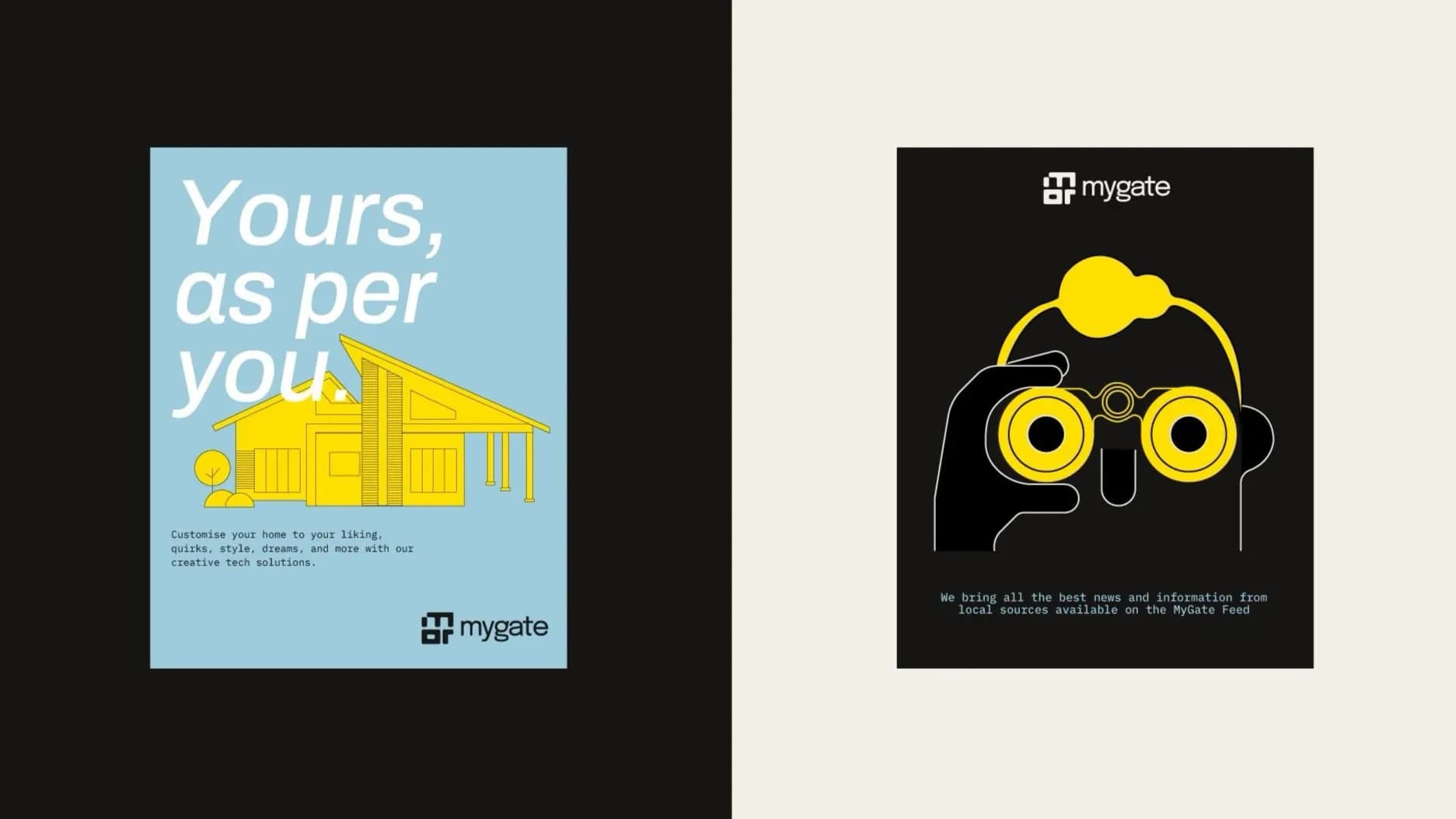 MyGate posters in blue and black with yellow illustrations