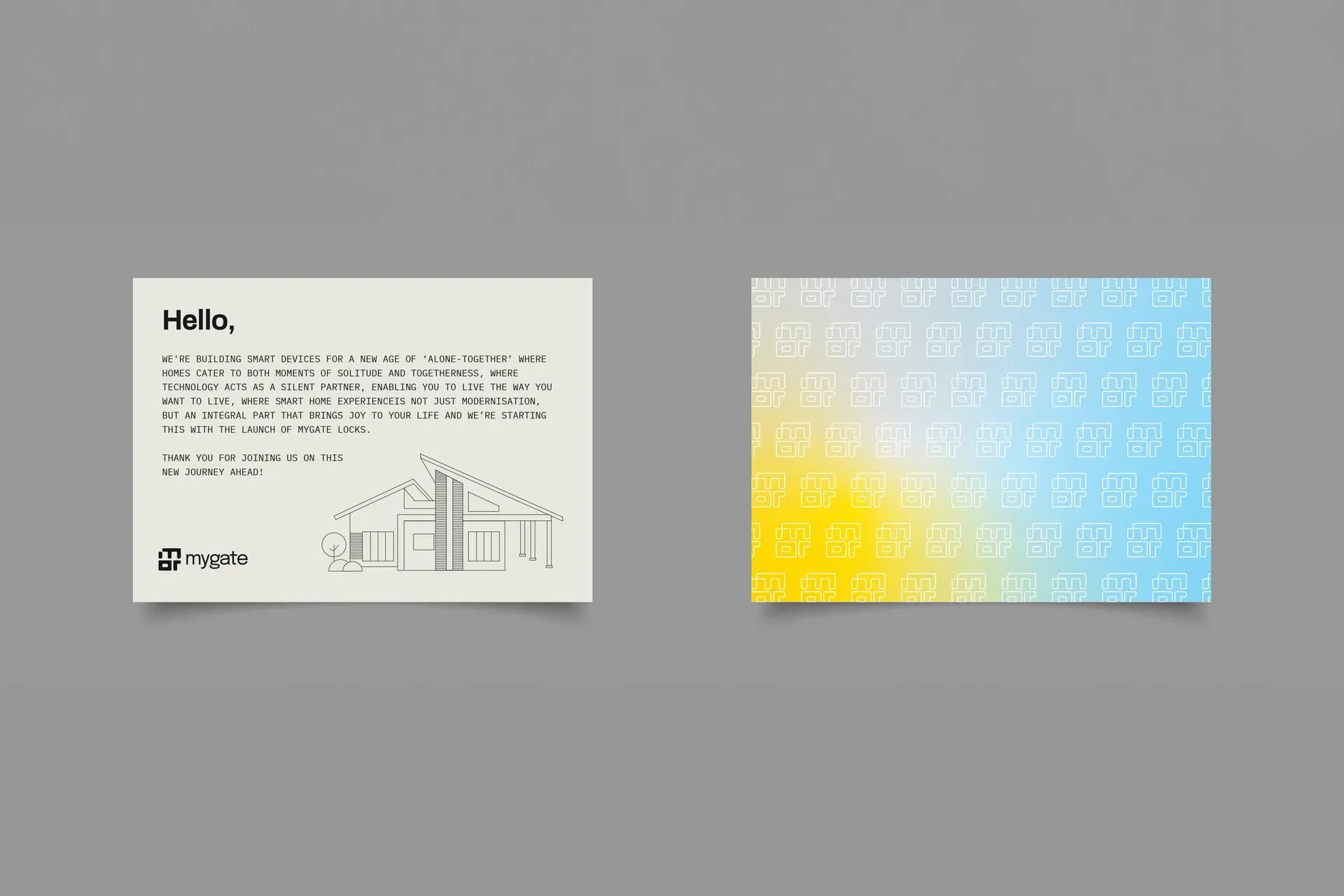 MyGate thank-you card beside a gradient pattern card